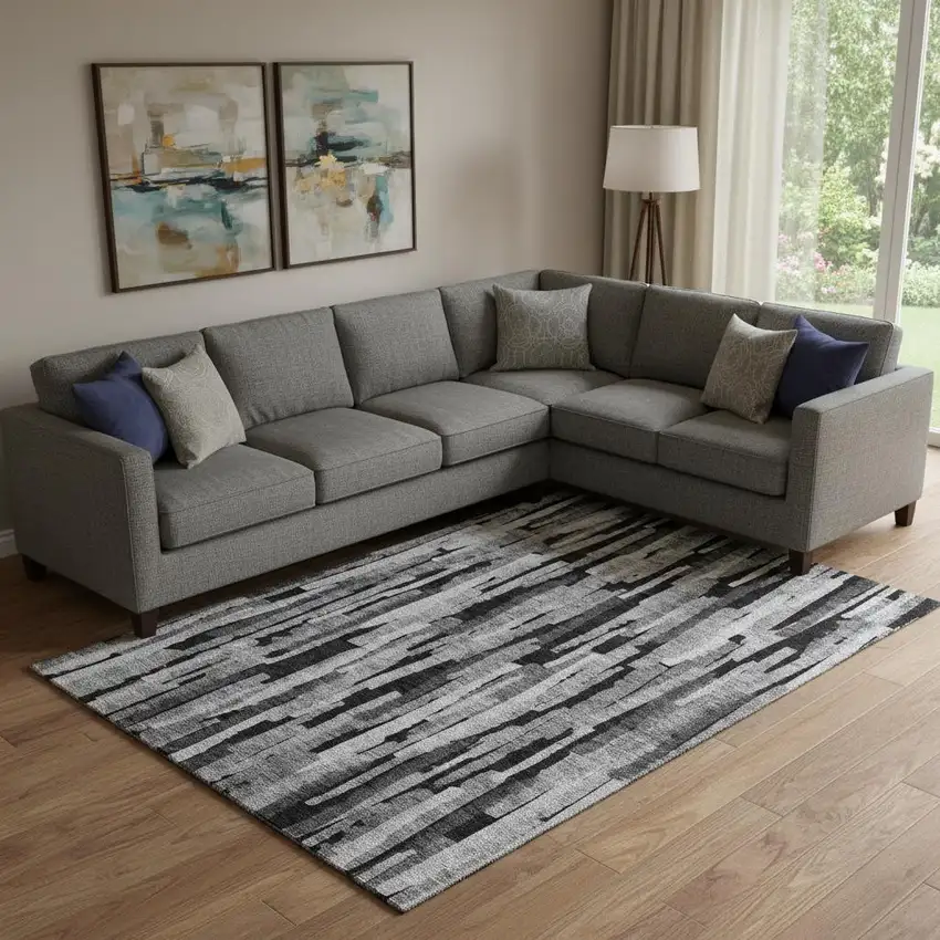 Gray And Silver Striped Washable Area Rug With UV Protection Photo 2
