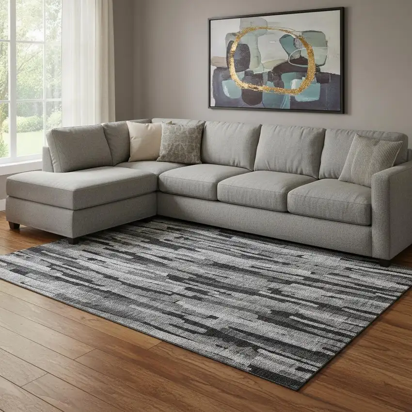 Gray And Silver Striped Washable Area Rug With UV Protection Photo 2