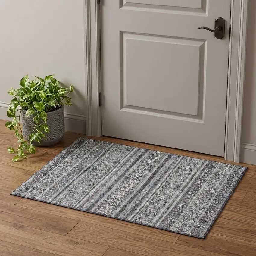 Gray And Silver Striped Washable Area Rug With UV Protection Photo 1