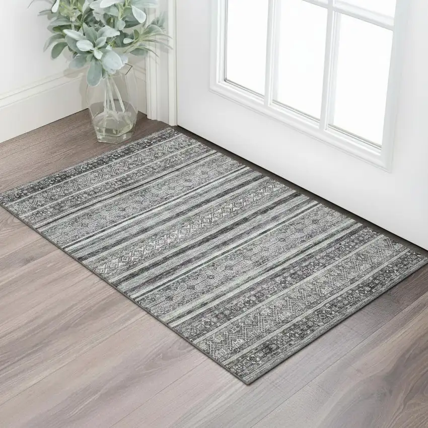 Gray And Silver Striped Washable Area Rug With UV Protection Photo 2