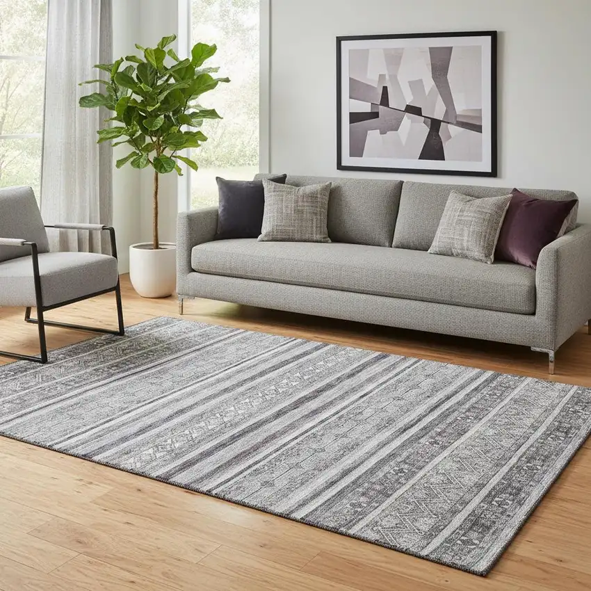 Gray And Silver Striped Washable Area Rug With UV Protection Photo 2