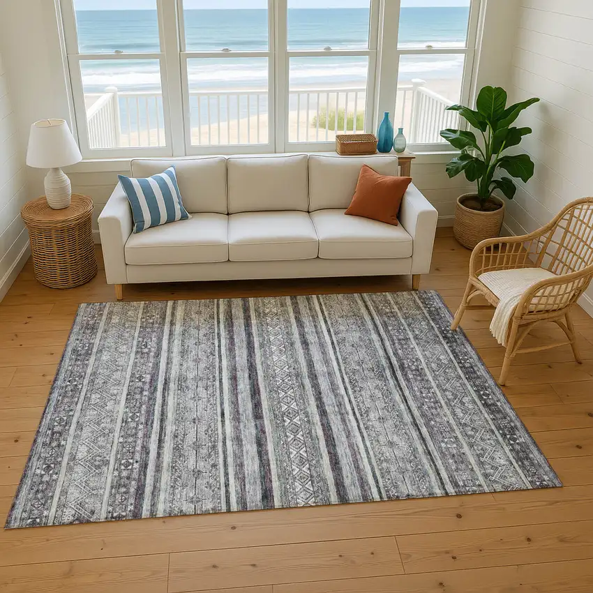 Gray And Silver Striped Washable Area Rug With UV Protection Photo 4