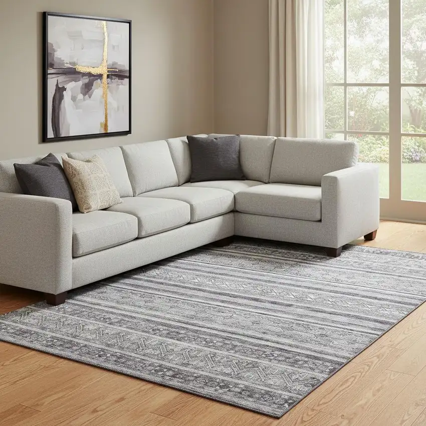 Gray And Silver Striped Washable Area Rug With UV Protection Photo 2