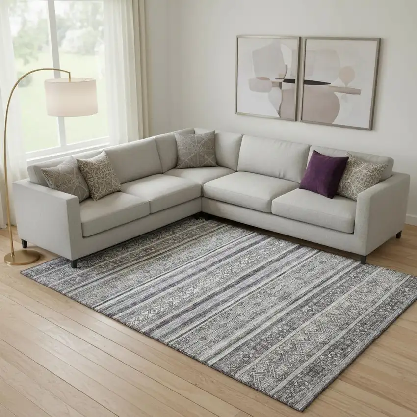 Gray And Silver Striped Washable Area Rug With UV Protection Photo 2