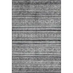 Photo of Gray And Silver Striped Washable Area Rug With UV Protection