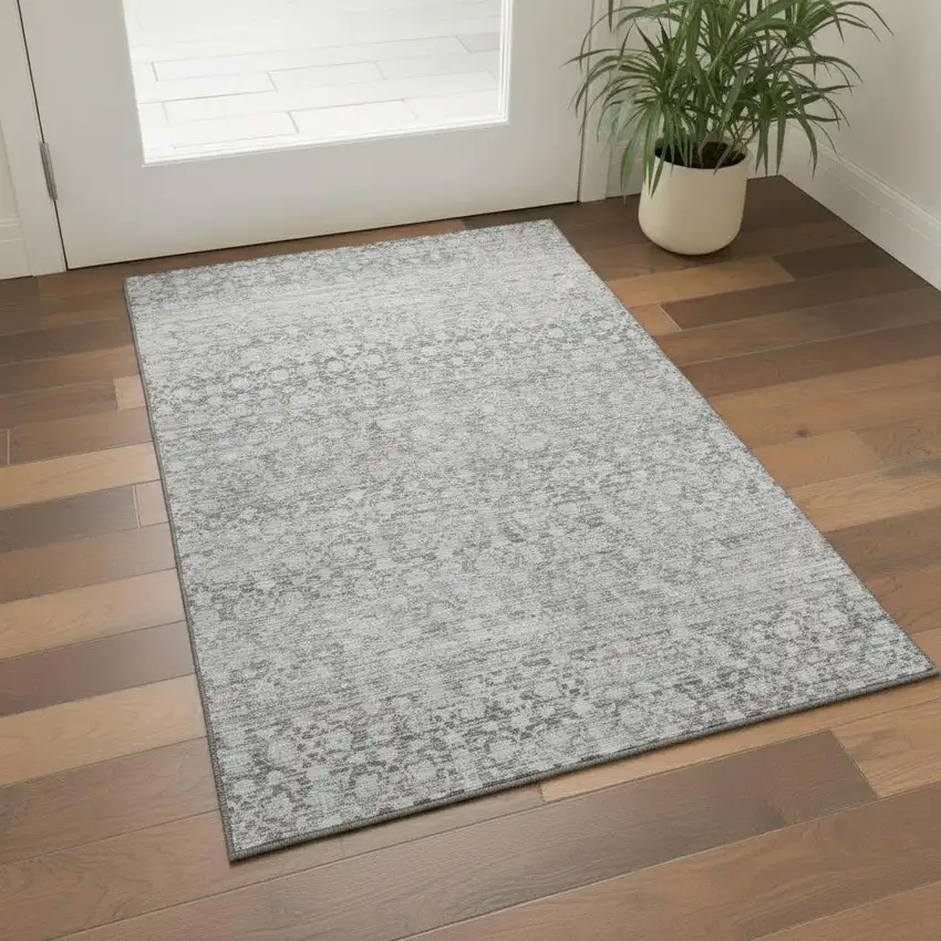 Gray And Silver Striped Washable Area Rug With UV Protection Photo 2