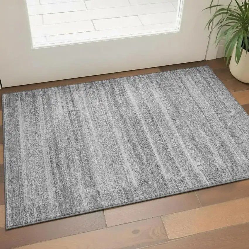 Gray And Silver Striped Washable Area Rug With UV Protection Photo 2