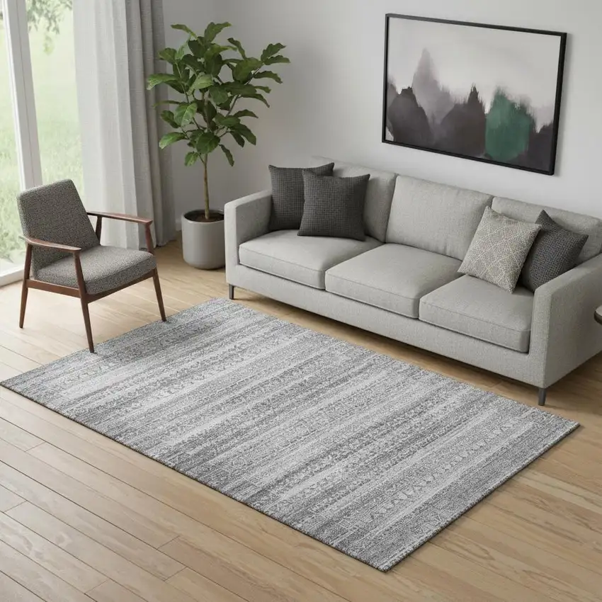 Gray And Silver Striped Washable Area Rug With UV Protection Photo 2