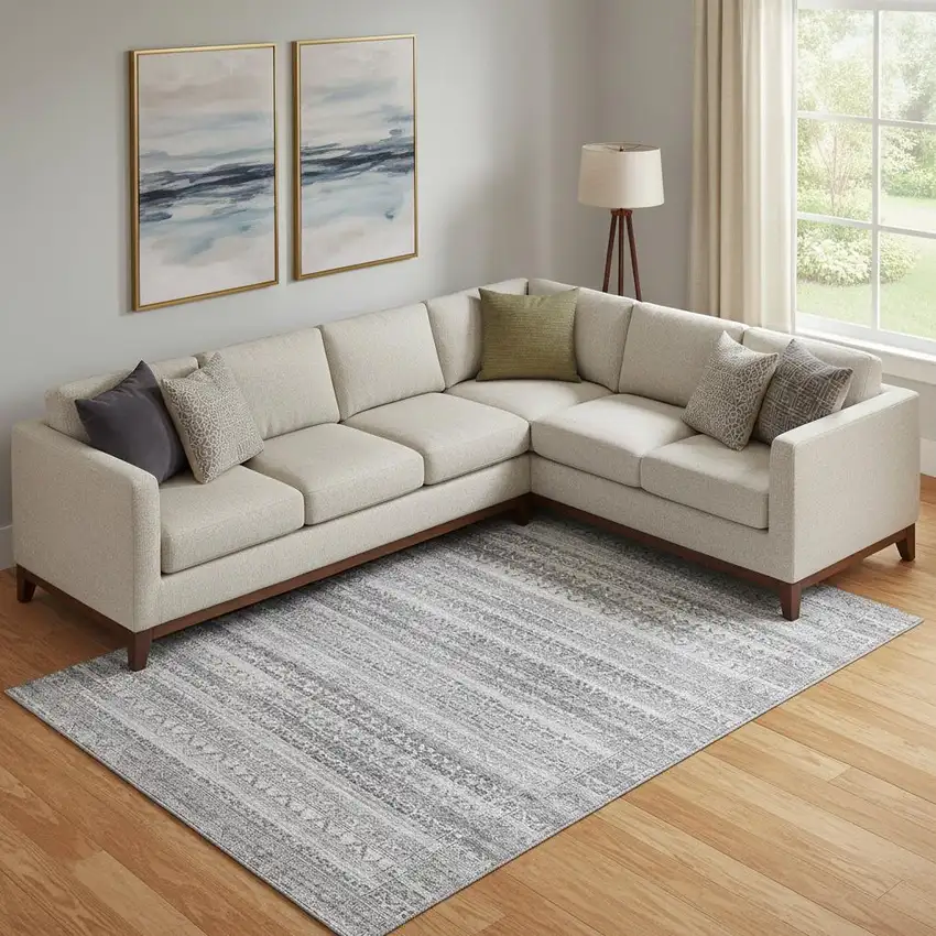 Gray And Silver Striped Washable Area Rug With UV Protection Photo 2