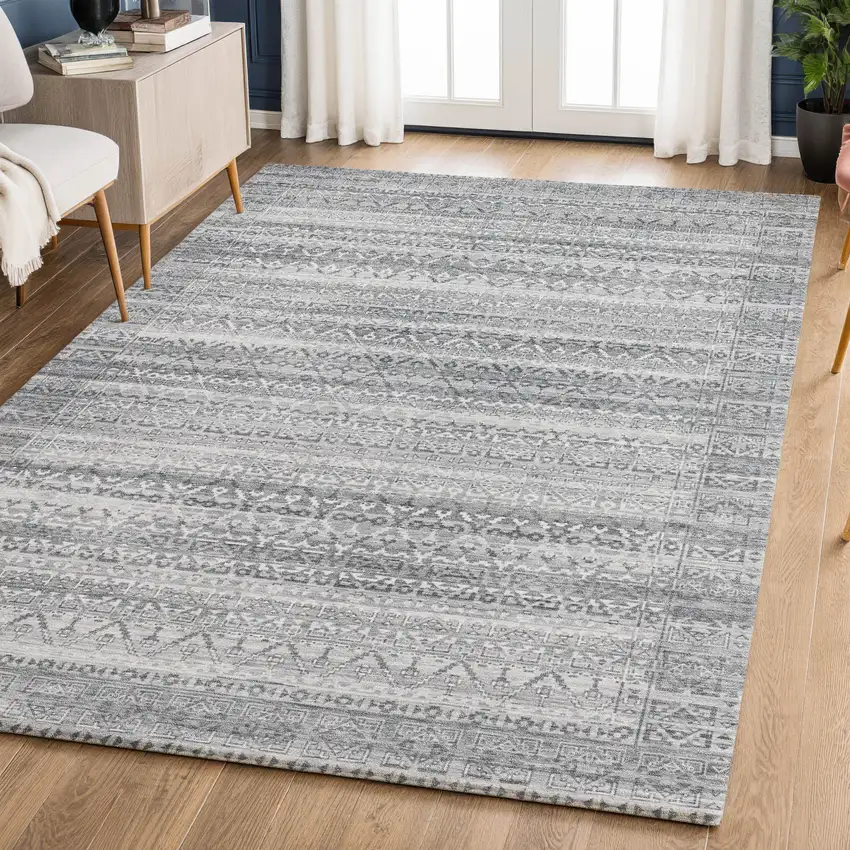 Gray And Silver Striped Washable Area Rug With UV Protection Photo 6