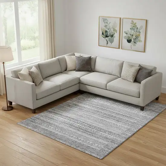 Gray And Silver Striped Washable Area Rug With UV Protection Photo 2