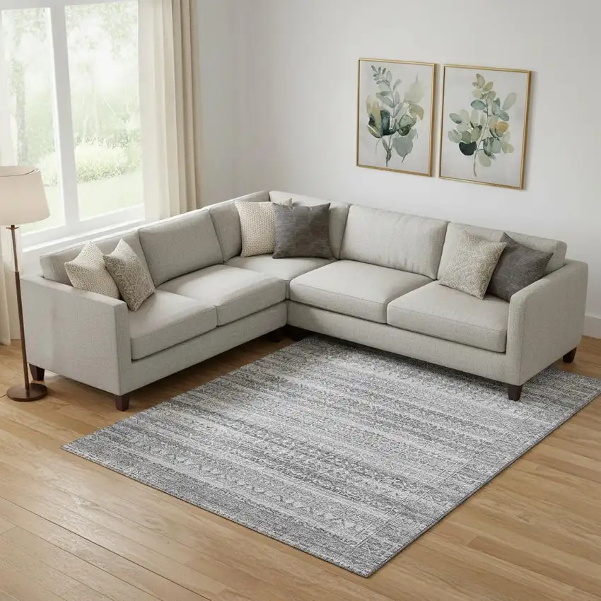 Gray And Silver Striped Washable Area Rug With UV Protection Photo 2