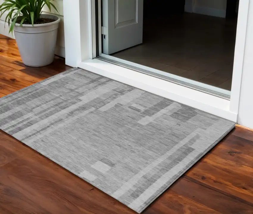 Gray And Silver Striped Washable Indoor Outdoor Area Rug Photo 1