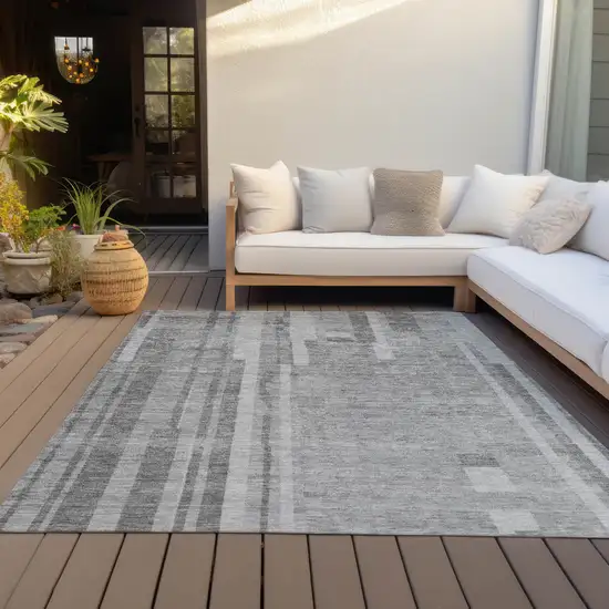 Gray And Silver Striped Washable Indoor Outdoor Area Rug Photo 9