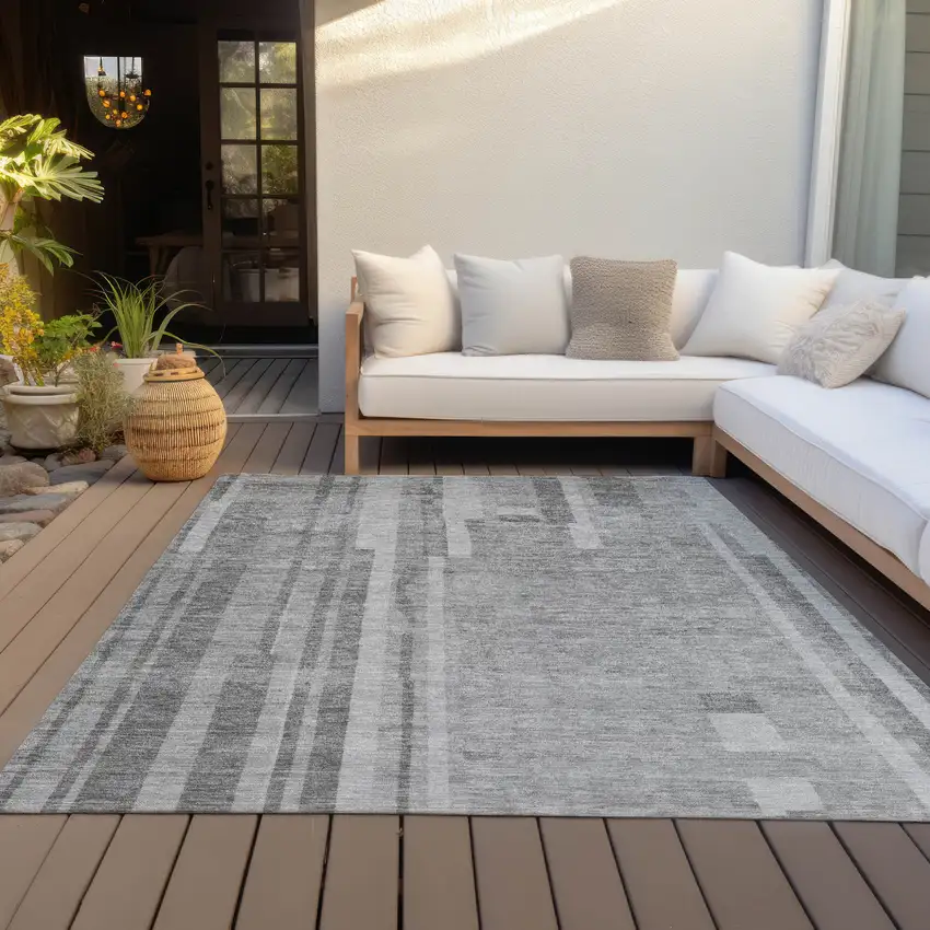 Gray And Silver Striped Washable Indoor Outdoor Area Rug Photo 9