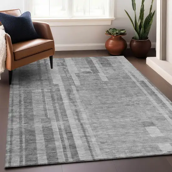 Gray And Silver Striped Washable Indoor Outdoor Area Rug Photo 8