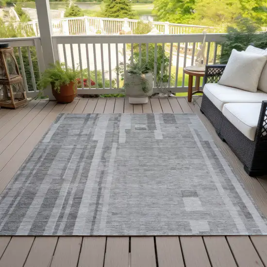 Gray And Silver Striped Washable Indoor Outdoor Area Rug Photo 7