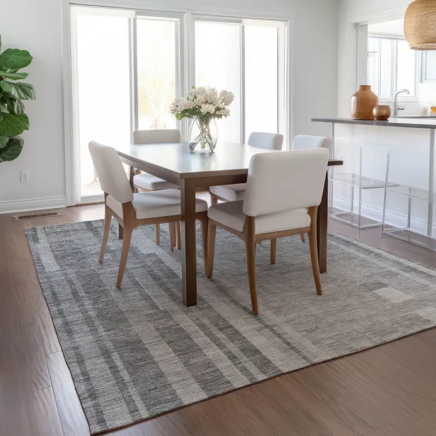 Gray And Silver Striped Washable Indoor Outdoor Area Rug Photo 9