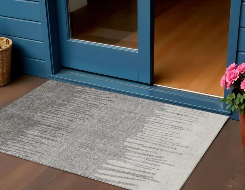 Gray And Silver Striped Washable Indoor Outdoor Area Rug Photo 2