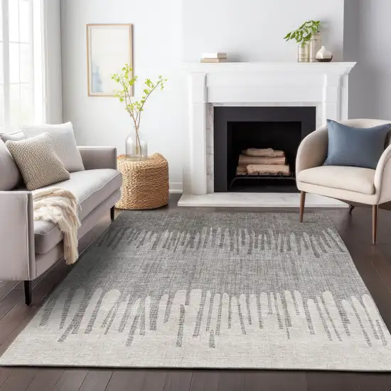 Gray And Silver Striped Washable Indoor Outdoor Area Rug Photo 5