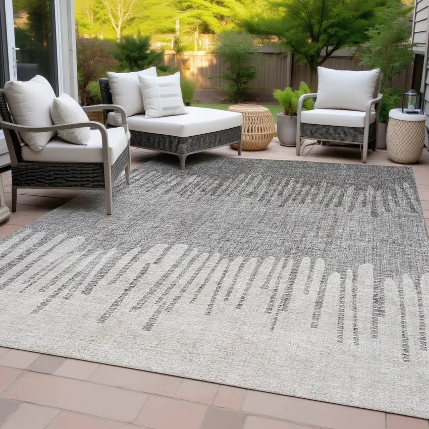 Gray And Silver Striped Washable Indoor Outdoor Area Rug Photo 6