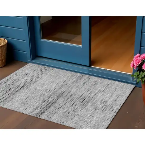 Gray And Silver Striped Washable Indoor Outdoor Area Rug Photo 2