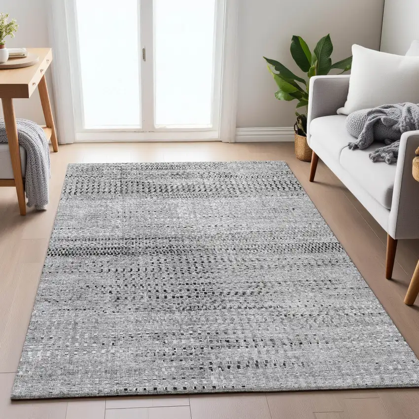 Gray And Silver Striped Washable Indoor Outdoor Area Rug Photo 4
