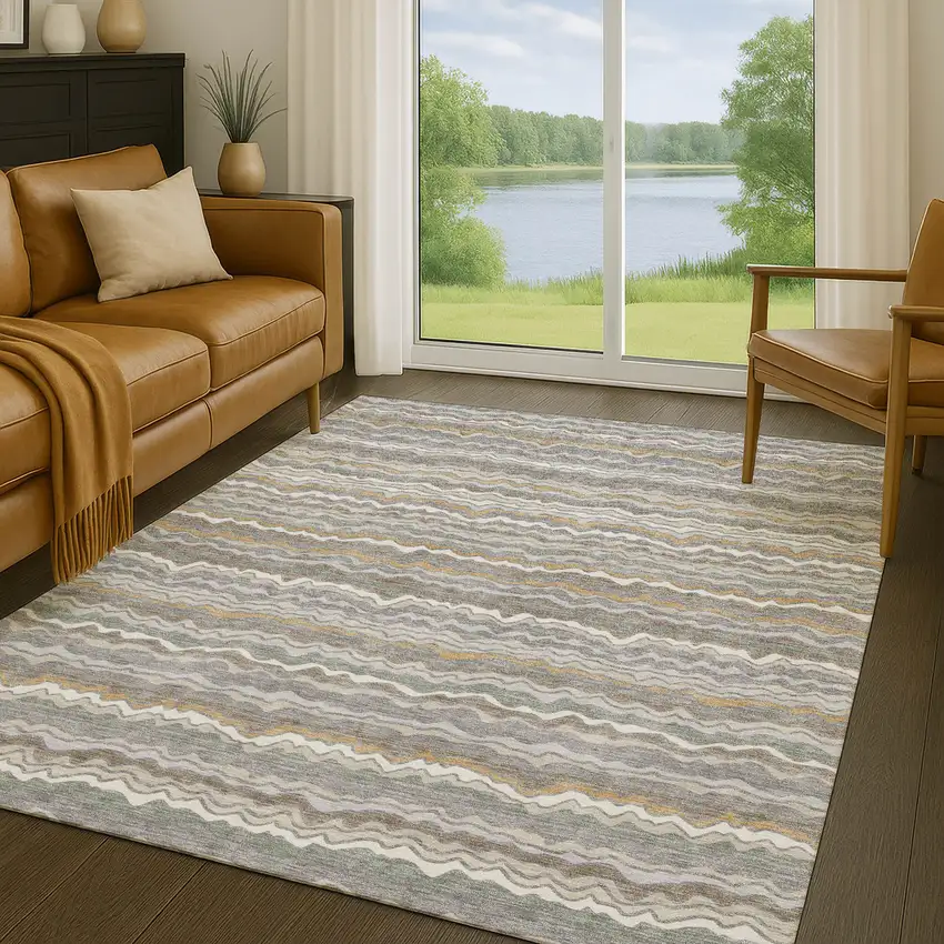 Gray And Silver Striped Washable Indoor Outdoor Area Rug Photo 5