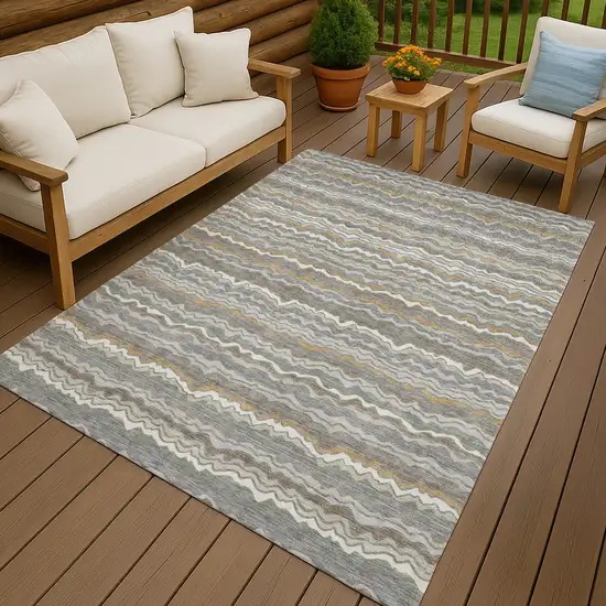 Gray And Silver Striped Washable Indoor Outdoor Area Rug Photo 4