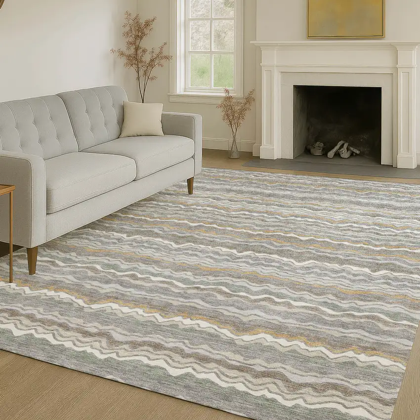 Gray And Silver Striped Washable Indoor Outdoor Area Rug Photo 6