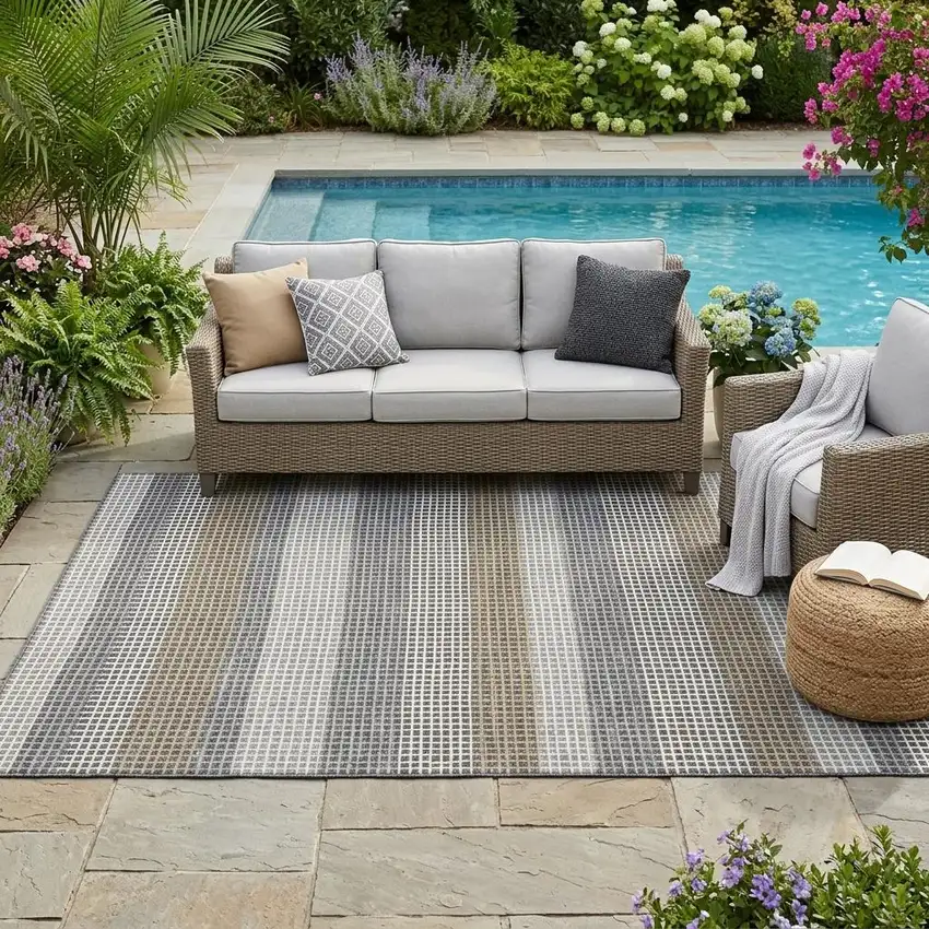 Gray And Silver Striped Washable Indoor Outdoor Area Rug Photo 1