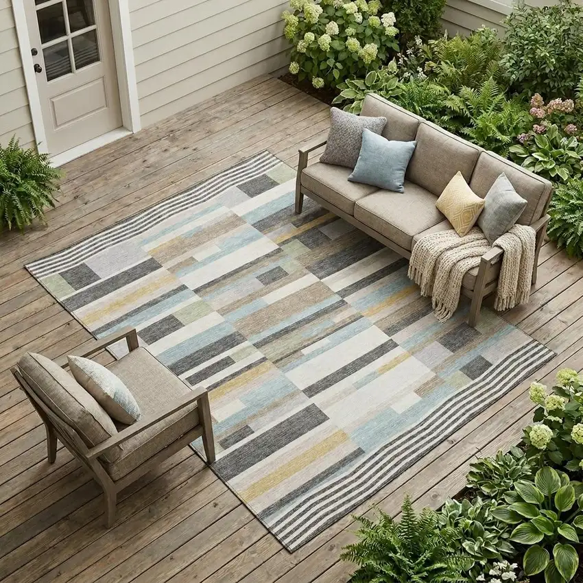 Gray And Silver Striped Washable Indoor Outdoor Area Rug Photo 1