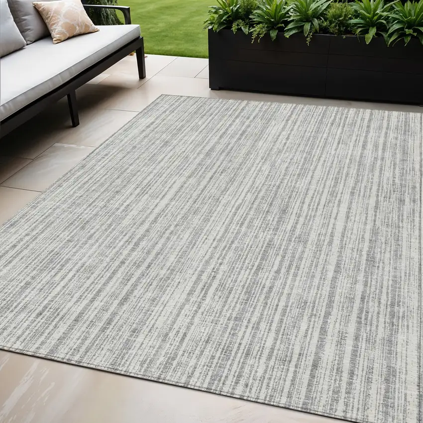 Gray And Silver Striped Washable Indoor Outdoor Area Rug Photo 1