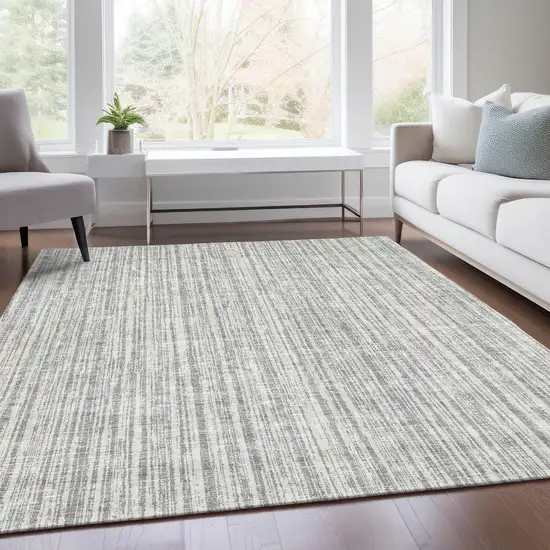 Gray And Silver Striped Washable Indoor Outdoor Area Rug Photo 6