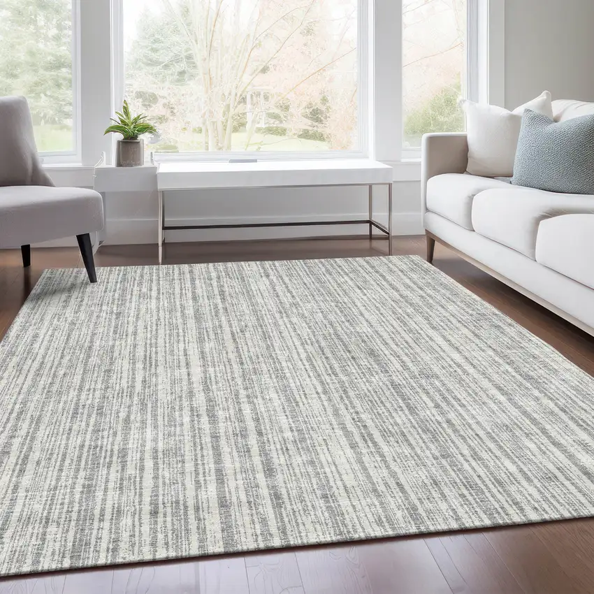 Gray And Silver Striped Washable Indoor Outdoor Area Rug Photo 7