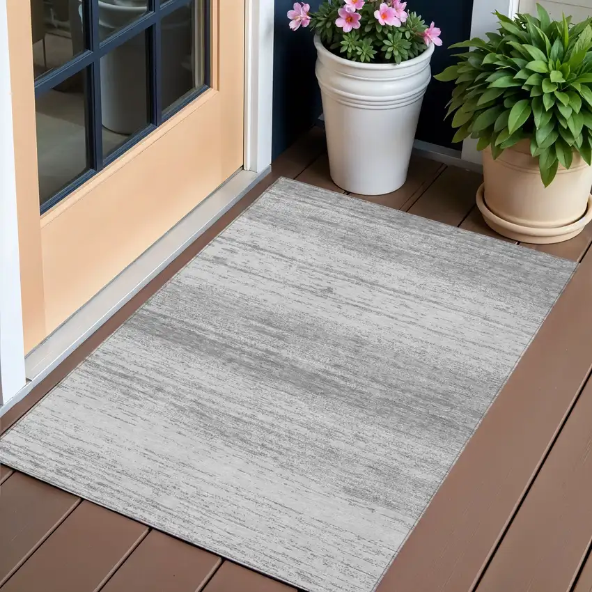 Gray And Silver Striped Washable Indoor Outdoor Area Rug Photo 1