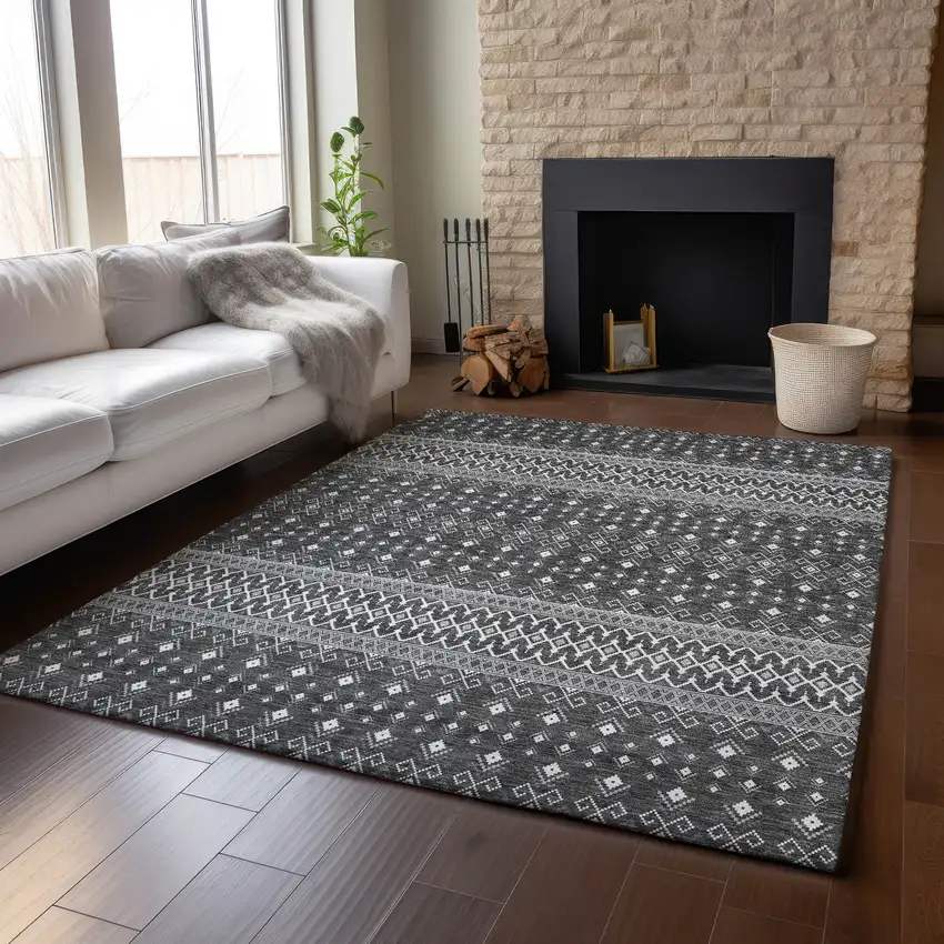 Gray And Silver Tribal Washable Area Rug With UV Protection Photo 5