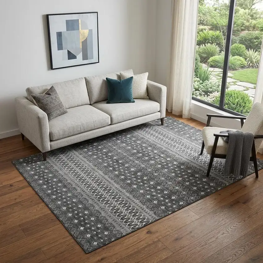 Gray And Silver Tribal Washable Area Rug With UV Protection Photo 1