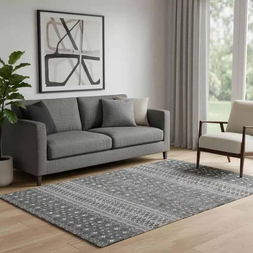 Gray And Silver Tribal Washable Area Rug With UV Protection Photo 1