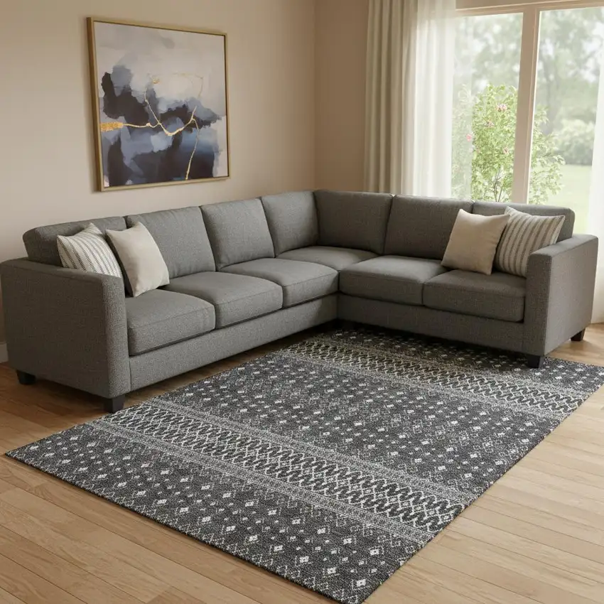 Gray And Silver Tribal Washable Area Rug With UV Protection Photo 1