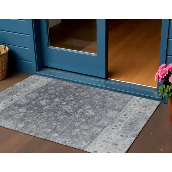 Gray And Silver Tribal Washable Indoor Outdoor Area Rug Photo 1