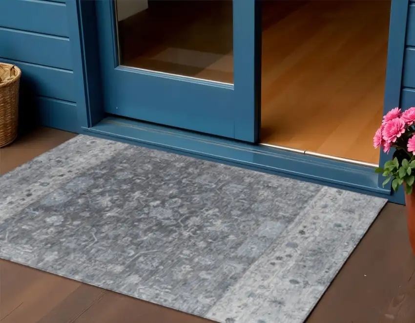 Gray And Silver Tribal Washable Indoor Outdoor Area Rug Photo 1