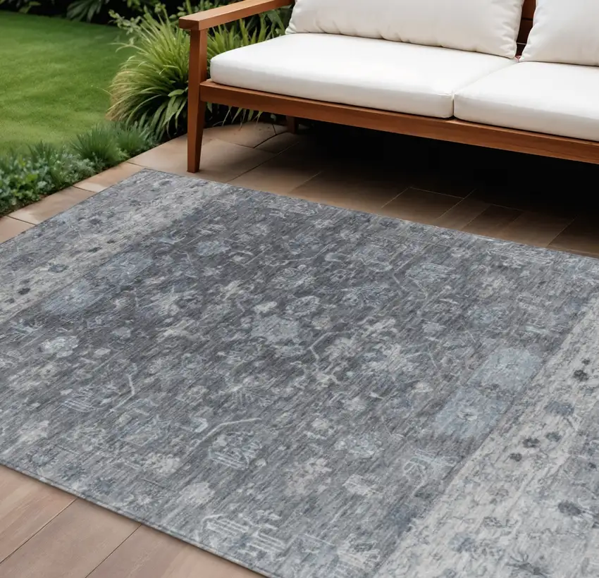 Gray And Silver Tribal Washable Indoor Outdoor Area Rug Photo 1