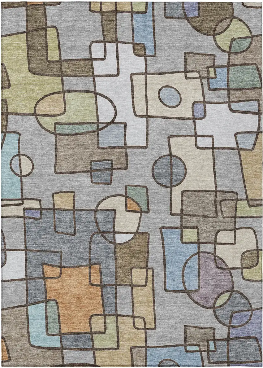 Gray And Sky Blue Geometric Washable Indoor Outdoor Area Rug Photo 1