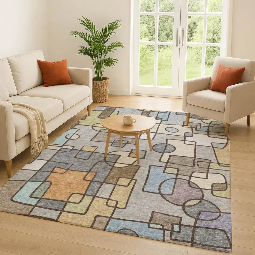 Gray And Sky Blue Geometric Washable Indoor Outdoor Area Rug Photo 5