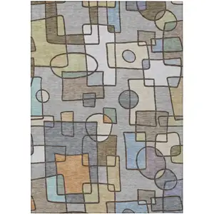 Photo of Gray And Sky Blue Geometric Washable Indoor Outdoor Area Rug