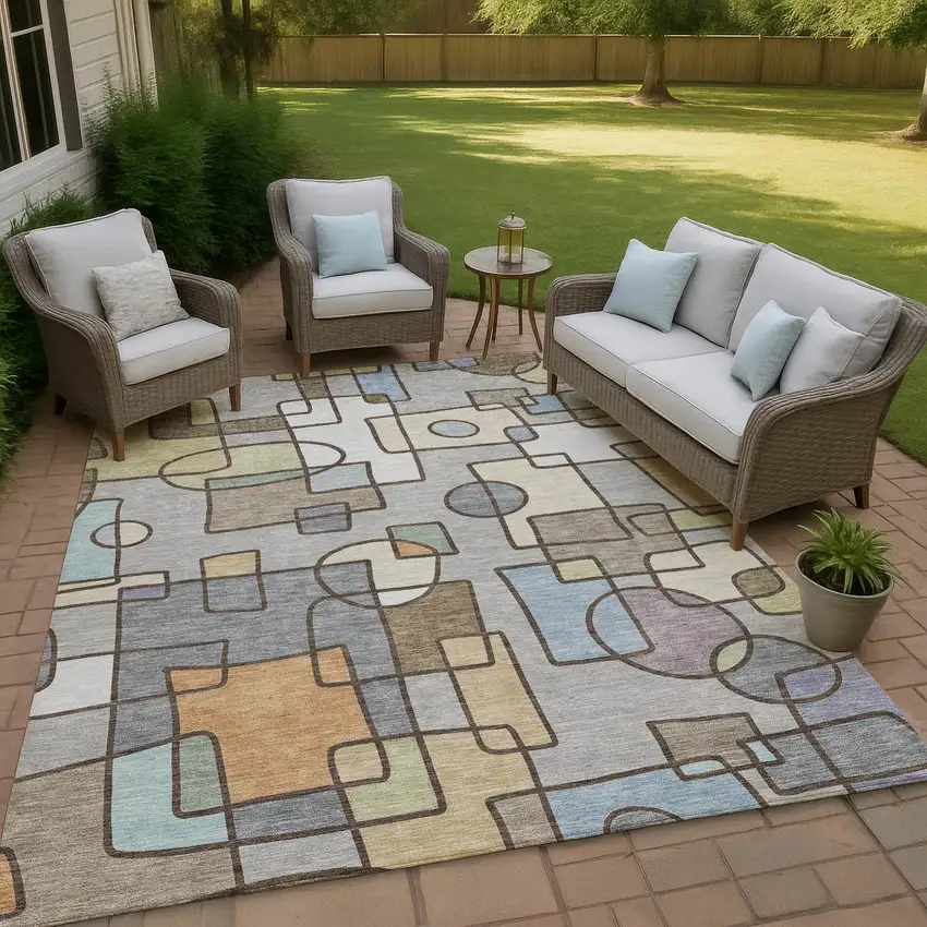 Gray And Sky Blue Geometric Washable Indoor Outdoor Area Rug Photo 4
