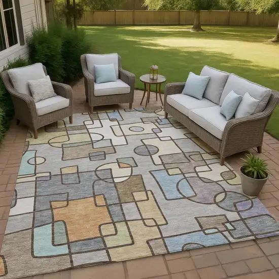 Gray And Sky Blue Geometric Washable Indoor Outdoor Area Rug Photo 4