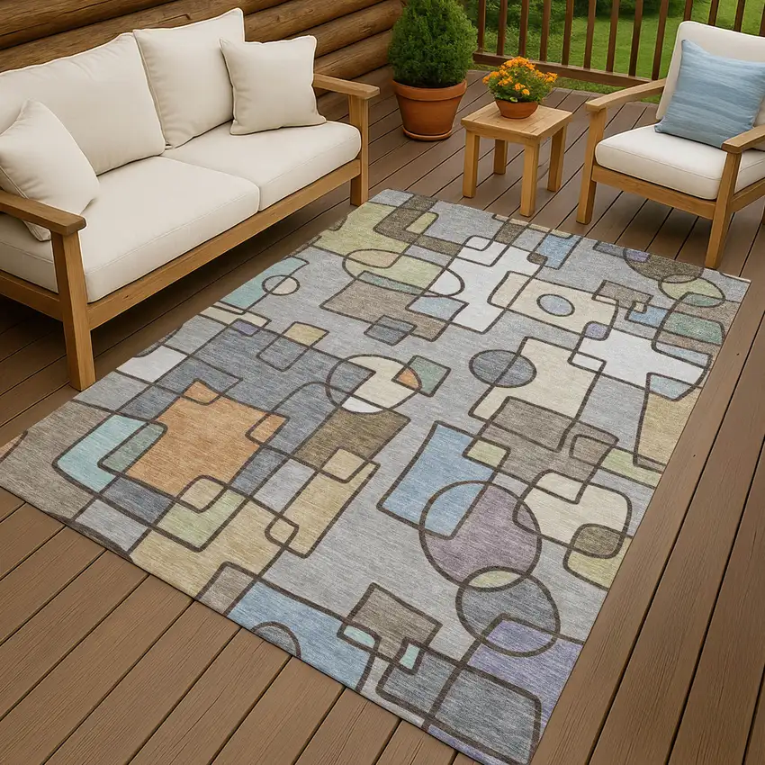 Gray And Sky Blue Geometric Washable Indoor Outdoor Area Rug Photo 7