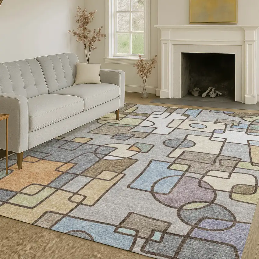Gray And Sky Blue Geometric Washable Indoor Outdoor Area Rug Photo 6
